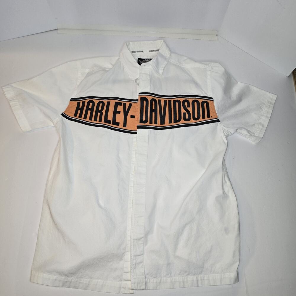 Harley Davidson large Short Sleeve Hidden Button up BOLD LOGO Garage Work Shirt